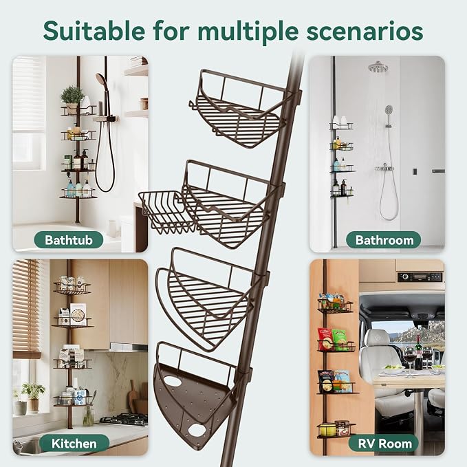 Corner Shower Caddy Tension Pole, 4 Tier Rustproof Shower Tension Rod Organizer, Adjustable 25-125 Inch Bathroom Shower Organizer Shelves for Bathtub Shampoo Storage, Brown - Image 7
