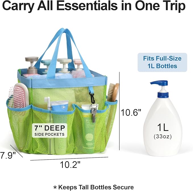 F-color Mesh Shower Caddy Portable, Upgrade Deeper 7 Pockets Shower Bag Basket Bag Tote for College Dorm Room Toiletry Bathroom Essentials Gym Camp Quick Dry 2 handles with S Hook - Image 2