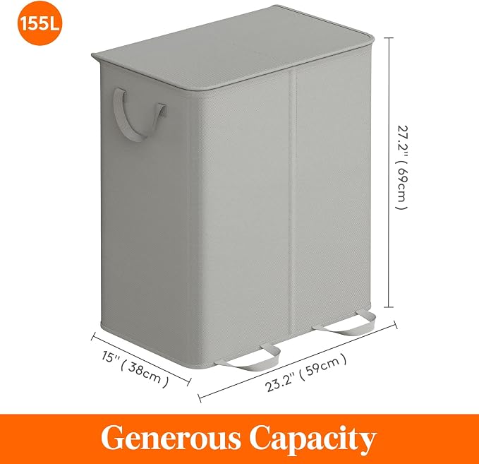 Lifewit Double Laundry Hamper with Lid and Removable Laundry Bags, Large Collapsible 2 Dividers Dirty Clothes Basket with Handles for Bedroom Laundry Room Closet Bathroom College, 155L Silver Gray - Image 5