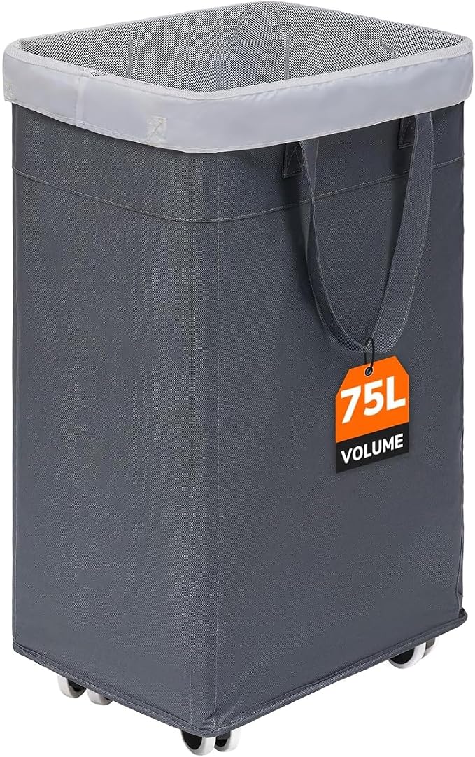 CHICVITA Rolling Laundry Basket with Wheels,75L Large Collapsible Laundry Hamper with Removable Wash Bag Space for Corner Dorms, Grey by CHICVITA
