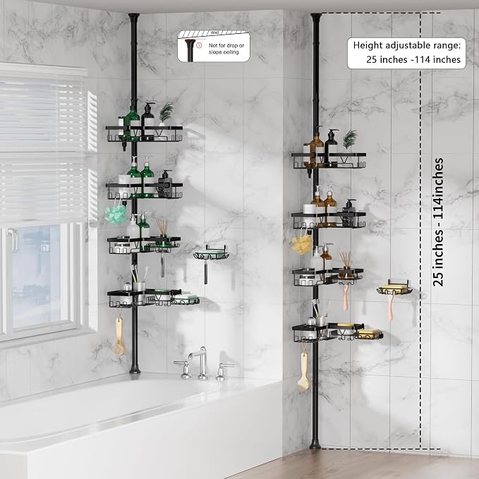 DAOYA Tension Pole Shower Caddy, 4-Tier Stainless Steel Shower Organizer with 2 Removable Soap Holders, 25 to 114.2 Inches, for Bathtub/Bathroom Corner, Renters Friendly, Black - Image 7