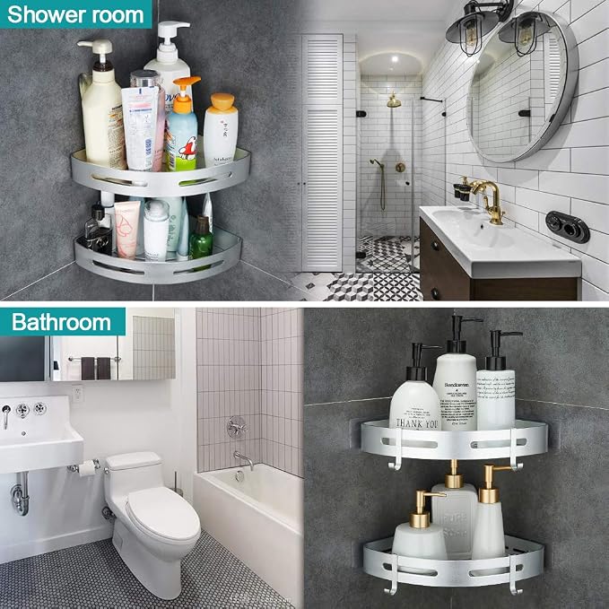 Hoomtaook Corner Caddy Bathroom Shower Shelf Wall Mounted No Drilling 2 Tier Storage Shelves Adhesive Triangle Baskets Silver Bathroom Kitchen Storage Basket - Image 3