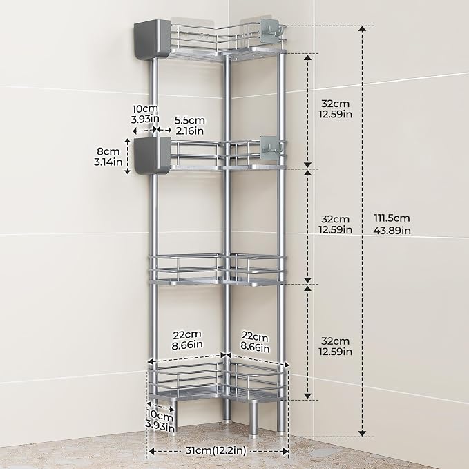 Orimade Rustproof 4 Tier Floor Standing Corner Shower Caddy Organizer with Toothbrush Holder, Large Spacing Floor Shower Shelf Rack Storage Stands with Hooks for Bathroom Kitchen, Silver - Image 2