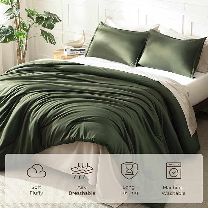 Litanika Dark Olive Green Comforter Set Queen, 3 Pieces Solid Bedding Comforter Set, All Season Fluffy Bed Set (90x90In Comforter & 2 Pillowcases)