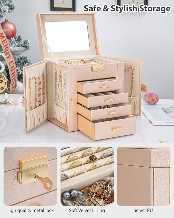 AKOZLIN 5-Tier Jewelry Box Leather Jewelry Storage Organizer with 4 Drawers Lockable for Women Girls Ring Necklace Earring Bracelet Watches Holder with Mirror Champagne - Image 6
