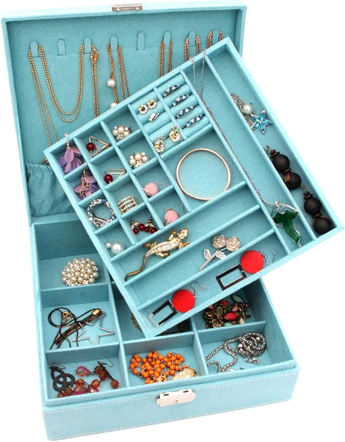 Two-Layer lint Jewelry Box Organizer Display Storage case with Lock (Blue) - Image 8