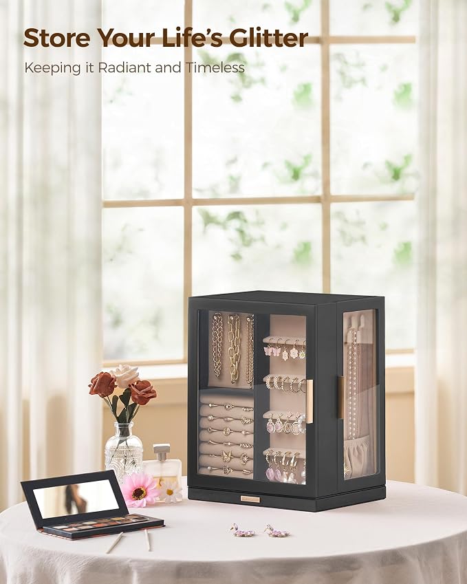 Glimmloop 360° Rotating Jewelry Box with 5 Drawers, Spacious Vertical Jewelry Organizer with Glass Window, Jewelry Storage Case, Dustproof & Moisture-resistant Design, Black - Image 2