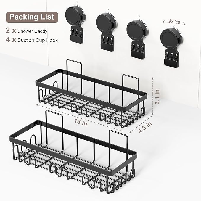 JOTPE Shower Caddy Suction Cup 2 Pack, No Drilling Shower Organizer for Bathroom with Large Capacity, Storage Suction Powerful Max Hold 40 lbs, Waterproof & Removable Bathroom Shelf, Black - Image 2