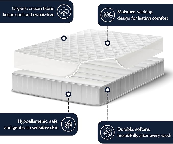 Delara 100% Organic Cotton Quilted Mattress Protector, GOTS Certified, Ultra-Soft Cooling & Breathable, 400 GSM Plush Padding, Deep Pocket 18 Inches, Machine Washable (Twin 39"x75")