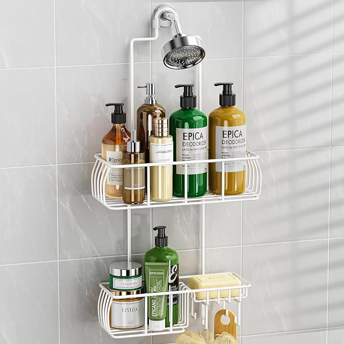 Epicano Shower Caddy Hanging, Anti-Swing Over Head Shower Caddy Rustproof with hooks for Towels, Sponge and more,White by Epicano