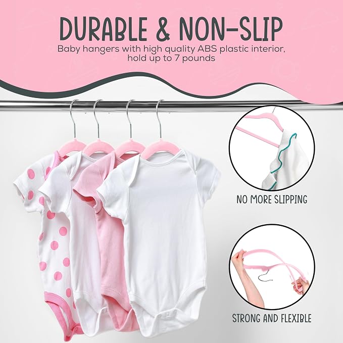 TechZoo 50 Premium Baby Velvet Hangers - 11.8 Inches Non-Slip & Ultra-Slim Baby Hangers for Space-Saving & Children Clothes - 360 Swivel Hook, Strong & Durable Infant & Toddler Clothes Hanger - Pink - Image 5