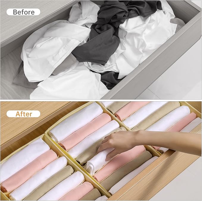 4 Packs T-shirt Drawer Organizers for Clothing,8 Grids Compartment Wardrobe Storage Box, Washable Clothes Organizer for Folded Clothes, Legging, Silk Scarve-Beige - Image 5