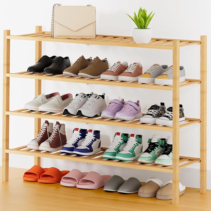 Smiry Shoe Rack, 4 Tier Thick Long Bamboo Shoe Organizer, Stackable Free Standing Wooden Shoe Storage Shelf for Closet, Entryway, Front Door Entrance, Natural by Smiry