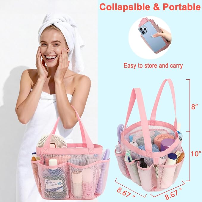 Fammart Mesh Shower Caddy Portable for College Dorm Room Essentials, 8-Pocket Large Shower Basket Tote Bag with 2 Handles for Toiletry, Bathroom, Beach, Camp, Gym - Image 2