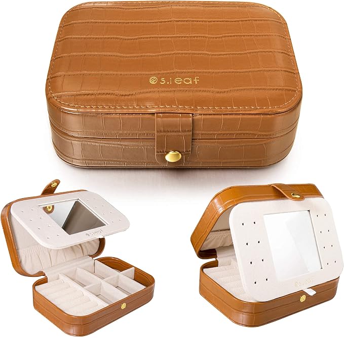 S.Leaf Travel Jewelry Organizer Boxes for Women Small Portable Necklace Earrings Bracelet Rings Travel Case Best Friend Birthday Gifts for Women Trendy (16_Crocodile_Brown_Big) by SLeaf