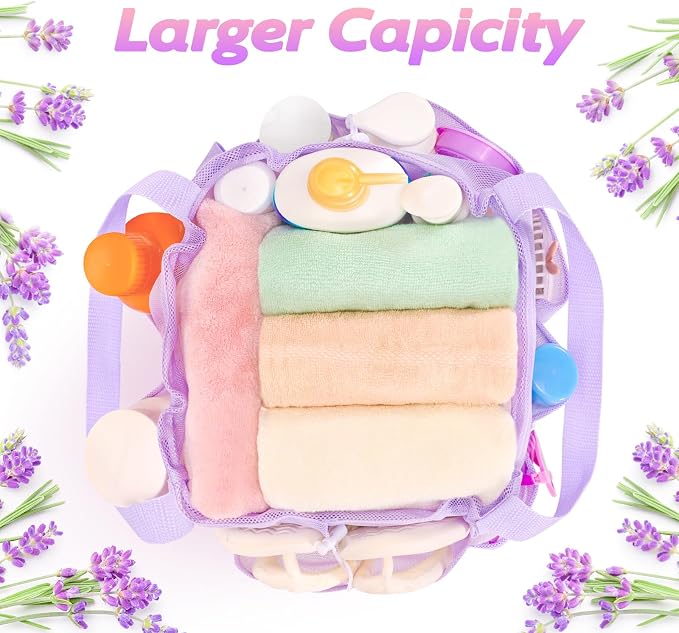 famichan Mesh Shower Caddy Portable with Drawstring, Dorm Room Essentials for College Students Girl & Boy, Larger Shower Bag for Camping,Swimming,Gym,Travel,Bathroom - Purple - Image 8
