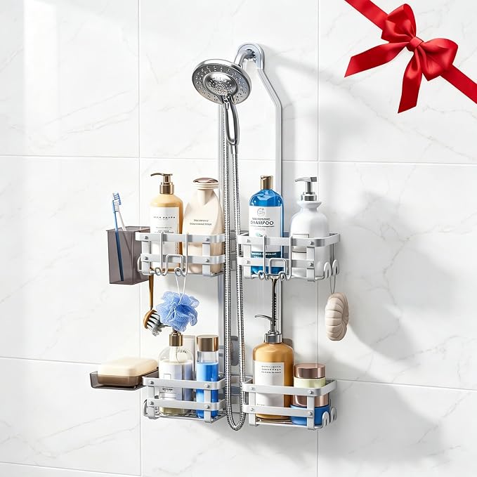 GAOKASE Aluminum Shower Caddy Hanging, Never Rust Shower Organizer- 4 Levels with adjustable Height 10 Hooks for Razor/Sponge - Rack with Soap Basket (Silver) by GAOKASE