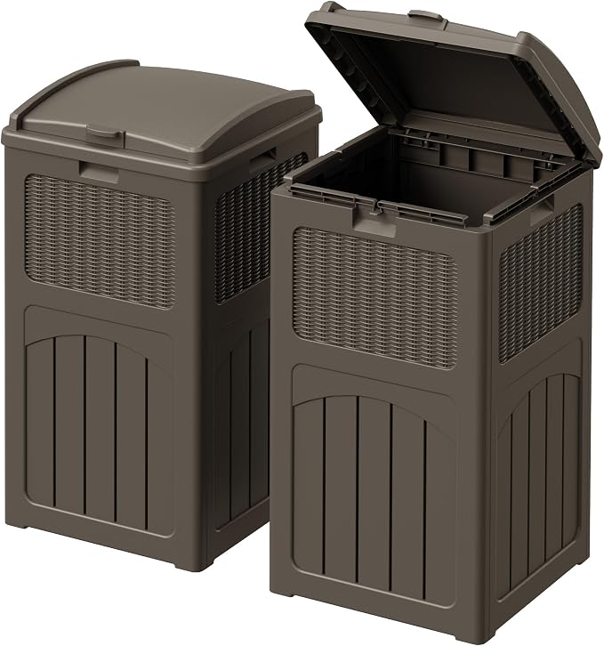 Devoko 33 Gallon Outdoor Trash Can with Dual Lid, Heavy Duty Waterproof Resin Garbage Bins Outside, Hideaway Waste Bins for Patio, Outside Pool, Backyard and Deck (2, Deep Brown) by DEVOKO