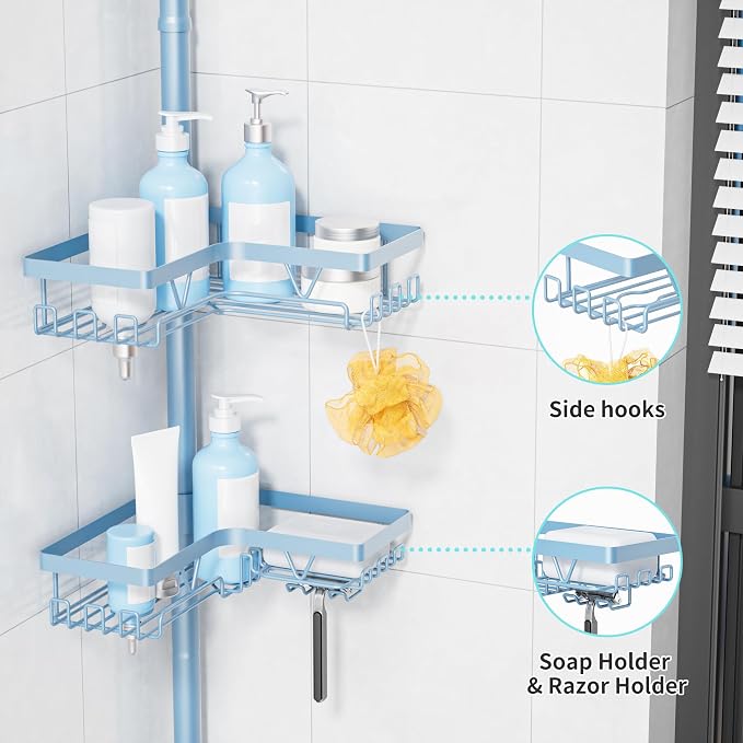 KEGII Shower Caddy Tension Pole, 4-Tier Rustproof Adjustable Corner Bathroom Organizer for Renters, 25–114.2 Inch No Drill Space-Saving Shower Storage Rack, Blue - Image 3