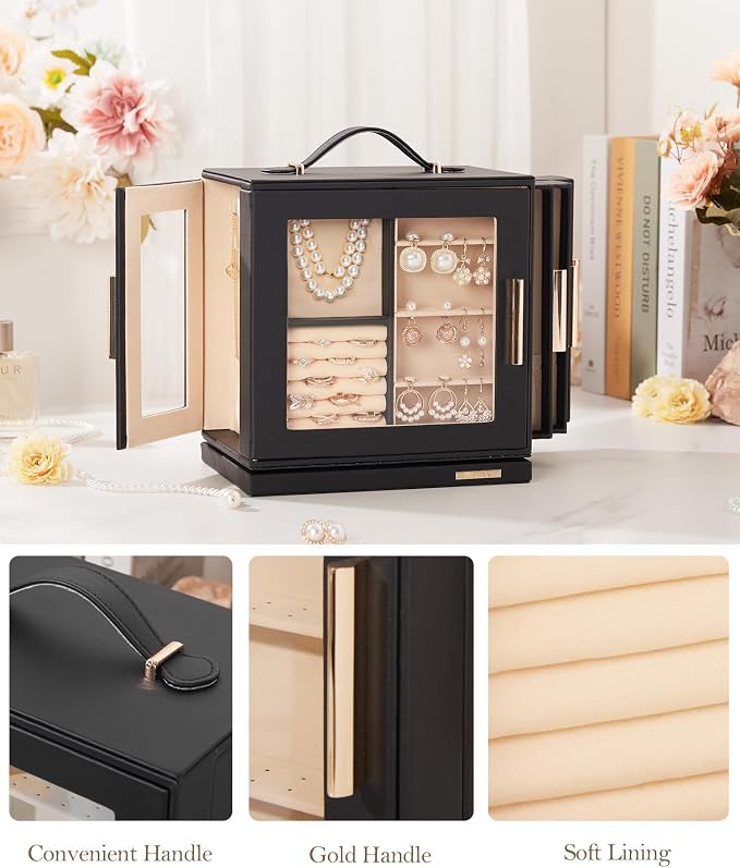 Homde Jewelry Box for Women Large: Rotating Organizer for Ring Earring Necklace Bracelet - 7 Drawers Storage for Dresser (Black) - Image 5