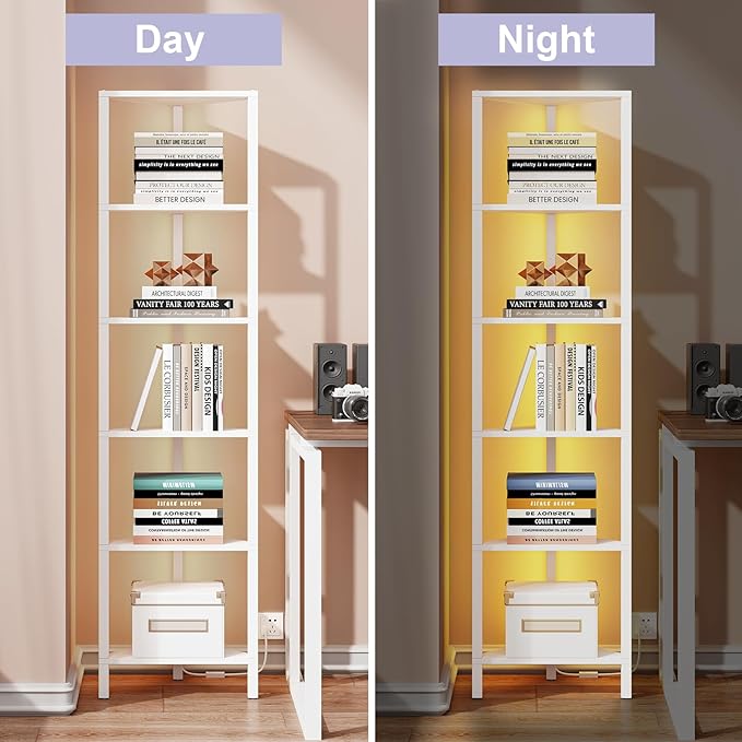 TUTOTAK 6-Tier Corner Bookshelf with LED Light,Corner Shelf for Small Space, Narrow Display Corner Shelf Stand with Storage Rack, for Living Room, Bedroom, Pure White V1BS05BW006L - Image 5