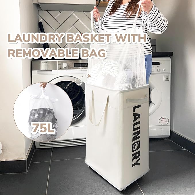 CHICVITA Collapsible Laundry Hamper on Wheels, 75L Clothes Laundry Basket with Removable Wash Bag for Dorms, Clothes Hamper with Handles, White - Image 4