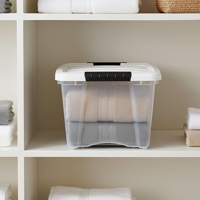 IRIS USA 19 Qt Stackable Plastic Storage Bins with Lids, 6 Pack - BPA-Free, Made in USA - See-Through Organizing Solution, Latches, Durable Nestable Containers, Secure Pull Handle - Clear/White - Image 7