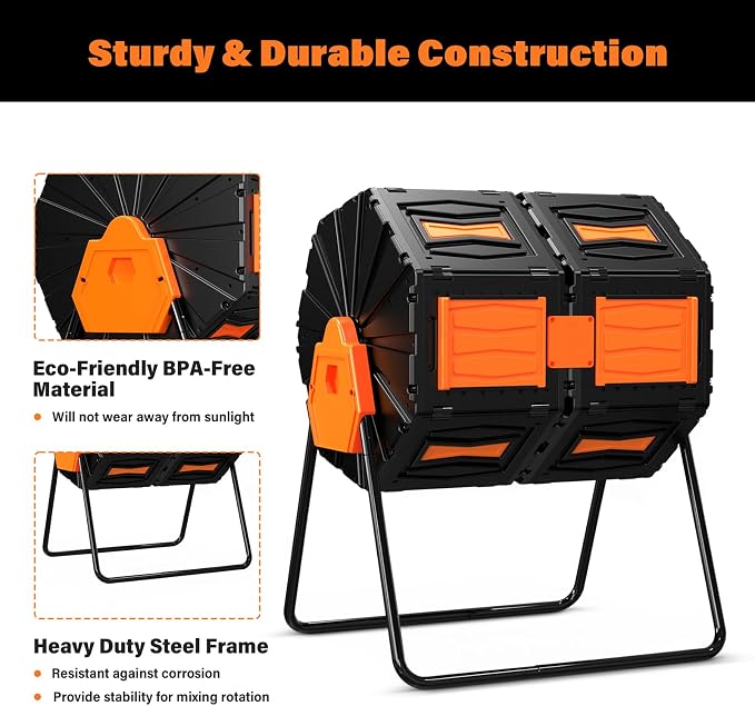 Compost Tumbler, Easy Assemble & Efficient Outdoor Compost Bin, 45 Gallon/170 Liter Large Dual Chamber Rotating Composter for Garden, Kitchen, and Yard Waste, Orange Door - Image 8