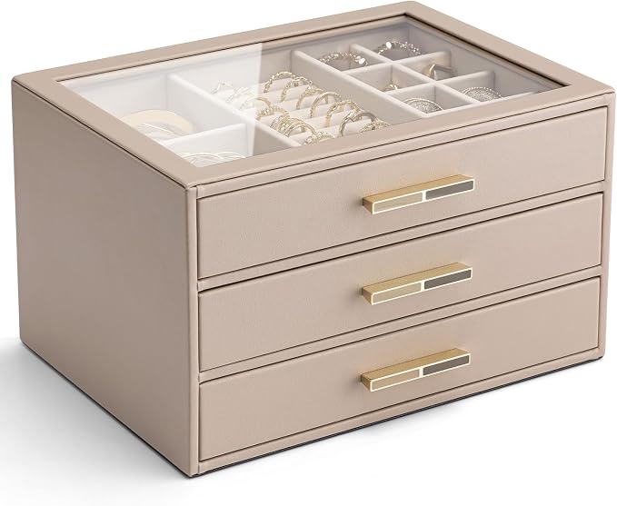 VLANDO 3 Layer Jewelry Box for Women, Mothers Day Gifts for Women, Glass Lid Jewelry Organizer with 3 Drawers for Necklaces Rings Earrings Bracelets - Toffee by VLANDO