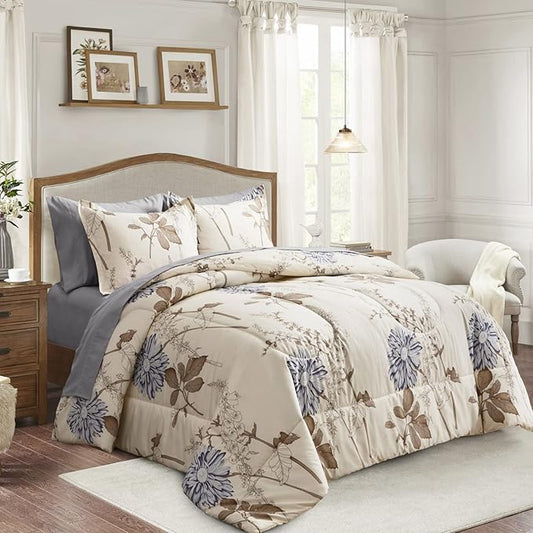 Joyreap 7 Piece Bed in a Bag King, Elegant Flower Botanical Smooth Soft Microfiber Floral Comforter Set for All Season (1 Comforter, 2 Pillow Shams, 1 Flat Sheet, 1 Fitted Sheet, 2 Pillowcases)