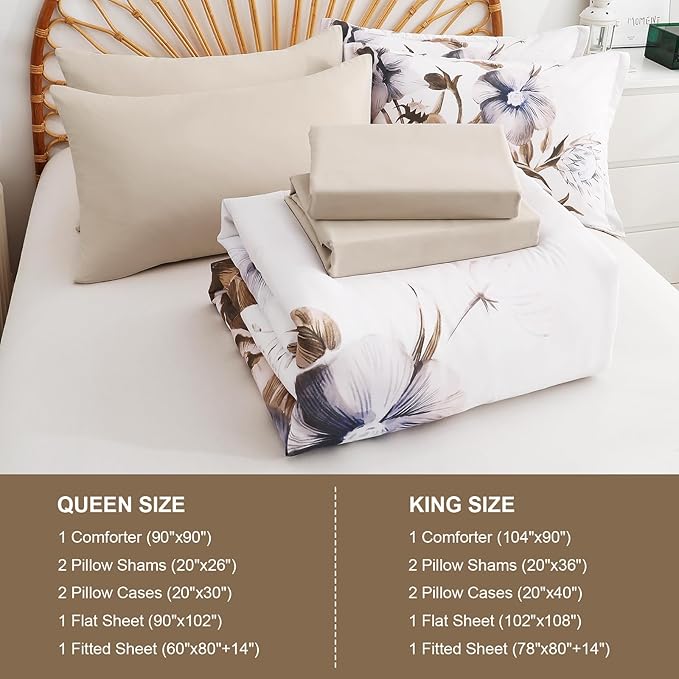 Luxudecor Floral Comforter Set Queen Size 7 Piece, Beige Flower Bed in a Bag, Elegant Floral Comforter with Sheet Set, Soft Microfiber Bedding Set for All Season (Beige, 90"x90")