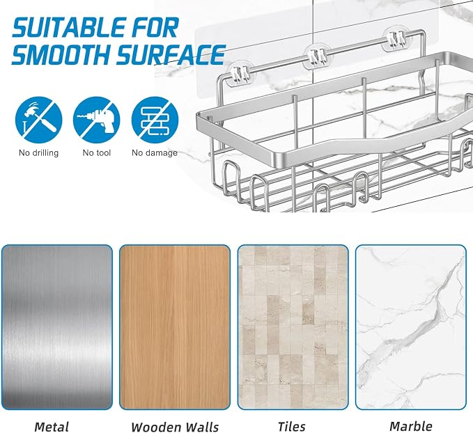 Youvip Adhesive Shower Caddy, No Drilling Bath Organizers 5 Pack, Rustproof Shelves with Soap Holder & Toothbrush Holder, Bathroom Organizers and Storage, Silver - Image 8
