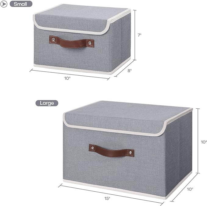 ANMINY 2PCS Storage Bins with Lid PU Leather Handles Storage Boxes PP Plastic Board Decorative Foldable Lidded Cotton Linen Fabric Home Cubes Baskets Closet Organizer Containers - Gray, Small Size - Image 5