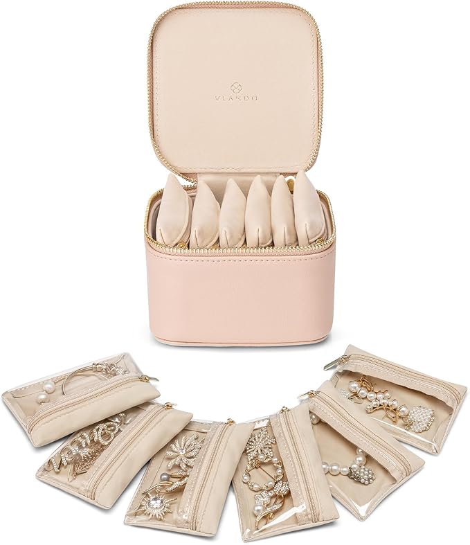 Vlando Jewelry Travel Case,Travel Jewelry Organizer with Clear Velvet Jewelry Bags 6Pcs Zipper Pouch for Women Gift Ideas for Birthday Wedding Graduation-Khaki by VLANDO