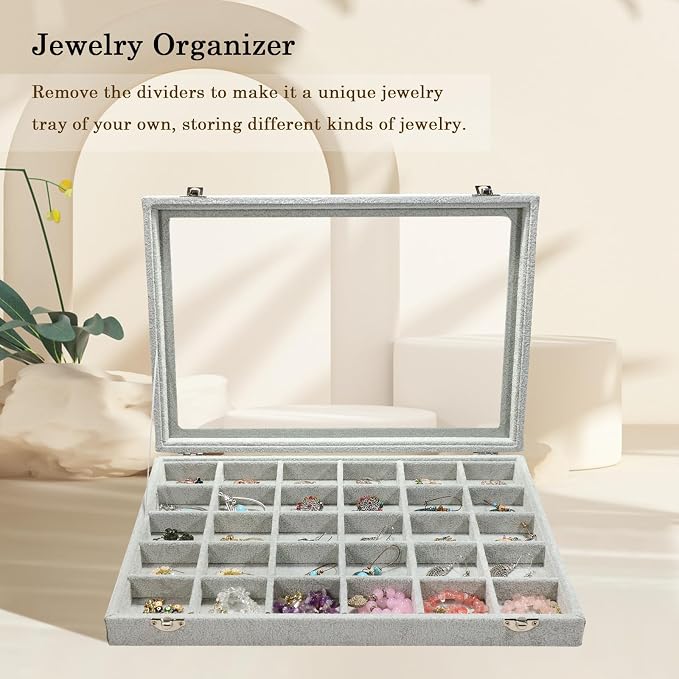 Stratalife Jewelry Organizer Jewelry Holder Storage Earring Organizer Box Tray with Lid Velvet Earring Display for Drawer 30 Grid Grey - Image 4