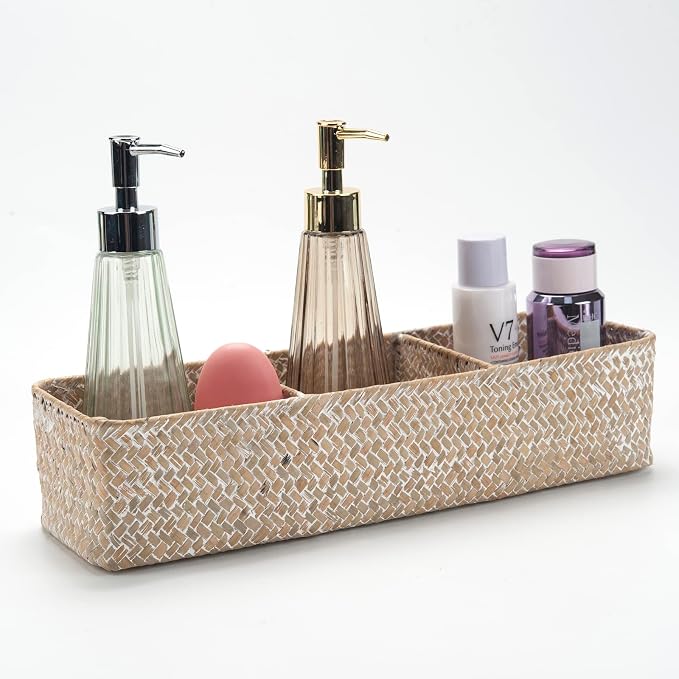 Seagrass Storage Basket 3 Sections Woven Shelf Baskets with Compartment (Whitewash, 14.6inch x 4.7inch x 3.1inch) by DECRAFTS