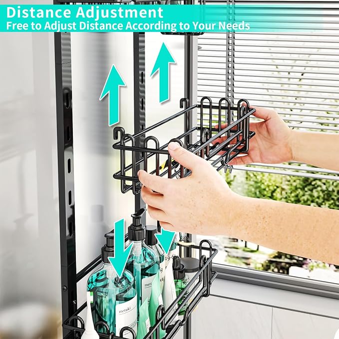HapiRm 4 Tier Over the Door Shower Caddy, Hanging Shower Organizer with 22 Hooks and 2 Toothbrush Holders, No Drilling Adjustable Hanging Shelves for Bathroom Storage - Black - Image 2