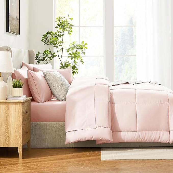 CozyLux Twin XL Comforter Set Blush Pink, 5 Pieces Twin Extra Long Bed in a Bag for College Dorm, All Season Bedding Set with Stitch Quilted Comforter, Flat Sheet, Fitted Sheet, Pillowcases