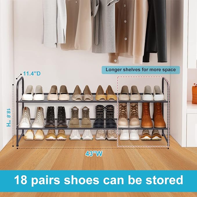 KEETDY 2-Tier Long Shoe Rack for Closet Entryway Shoe Organizer for 18 Pairs Sneakers, Metal Stackable Shoe Storage Shelf with Wire Grid for Bedroom, Floor, Bronze - Image 2