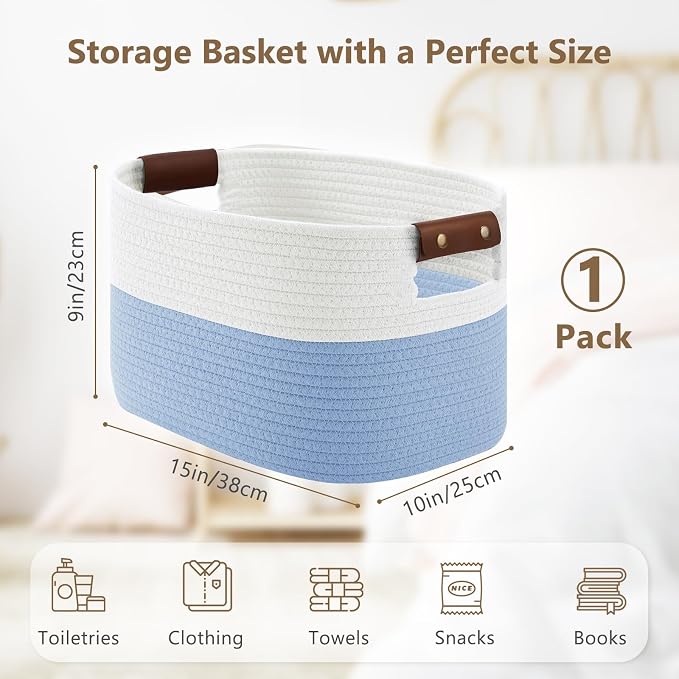 ECDYQXVU Cotton Rope Basket, Storage Baskets with Handle, 15x10x9 Inch Woven Basket for Shelves, Laundry, Towels, Clothes, Books (White/Blue 1Pack) - Image 3