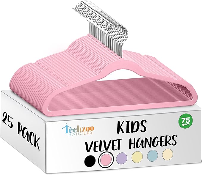 TechZoo 25 Premium Kids Velvet Hangers - 14" Non-Slip Clothes Hangers for Kids & Preteens - Ultra Slim, Space-Saving, Strong & Durable Hangers with 360° Swivel Hook - Pink by TECHZOO