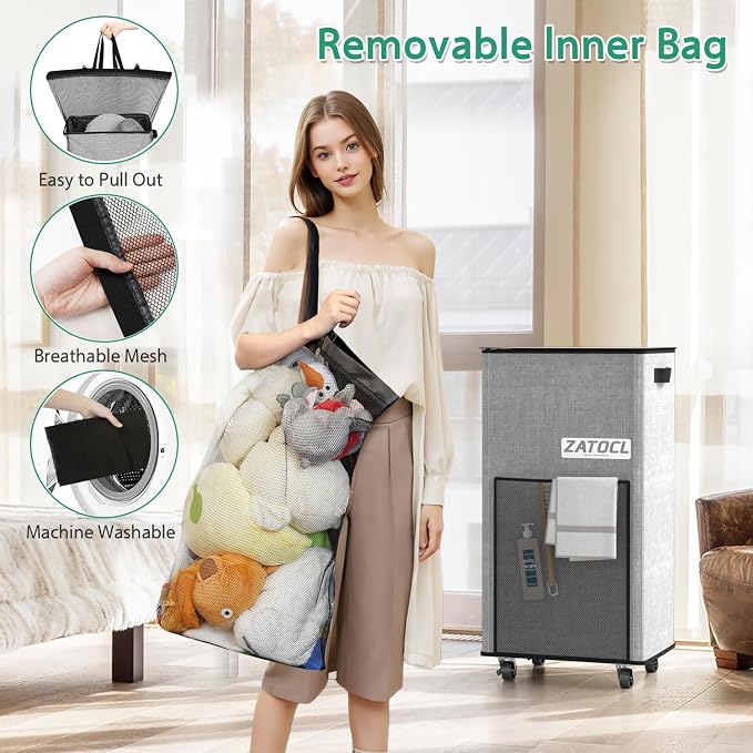 Laundry Hamper with Lid and Wheels, 29 Gal Rolling Laundry Basket with Washing Bag & Front Mesh Bag, Collapsible Dirty Clothes Hampers for Bedroom Aesthetic, Bathroom, Dorm, Laundry Room - Easy Carry - Image 4