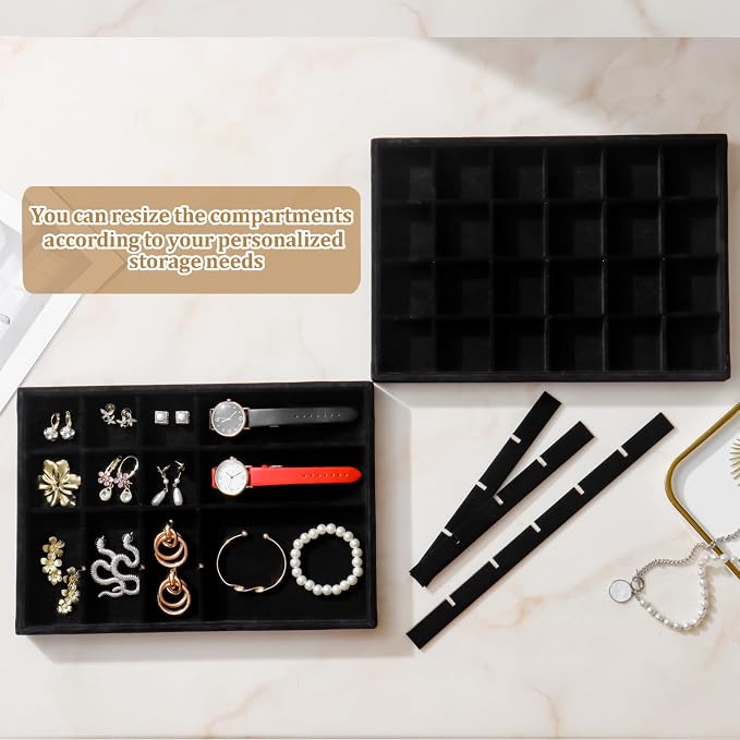 Large Velvet Jewelry Tray 2 Pack Stackable Jewelry Display Drawer Inserts Trays Organizer for Earring Bracelet Necklace Ring (Black, 24 Grids) - Image 4