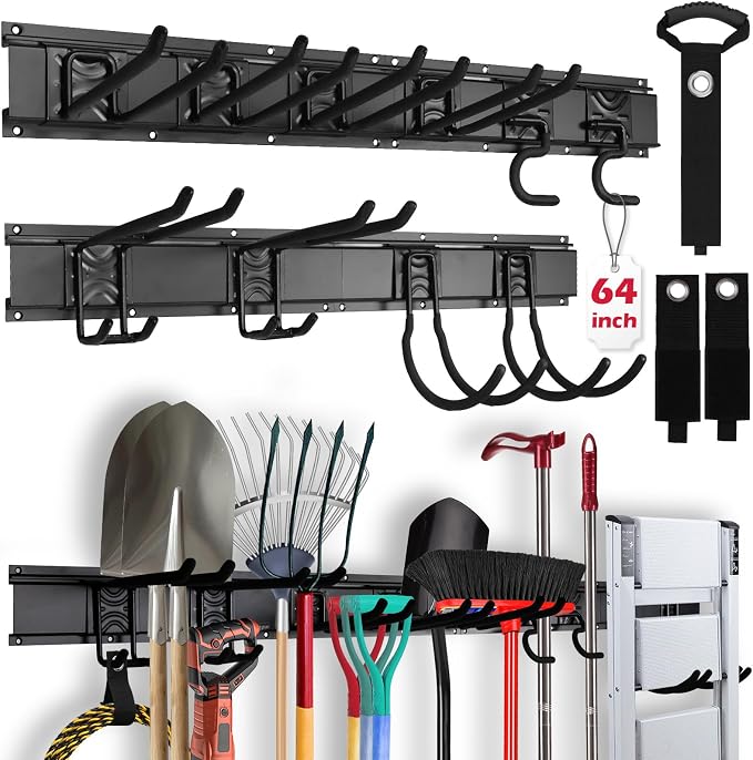 SEDY 64" Heavy Duty Garage Storage Tool Organizer Wall Mount - Tool Rack with Adjustable Hooks, Anti-Rust, 300lbs Capacity - Easy Installation (4 Racks, 10 Hooks, 3 Straps) by SEDY