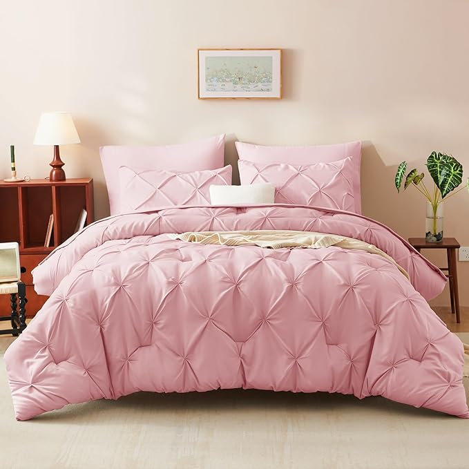 CozyLux Full Size Comforter Sets Pink, 7 Pieces Pintuck Bed in A Bag Pink Comforter Full Size, Pinch Pleat Bedding Sets with All Season Comforter, Sheets, Pillowcases & Shams