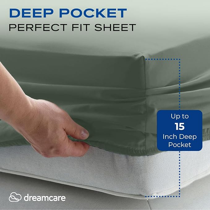 DREAMCARE Twin XL Sheet Sets - 4 pcs Breathable Cooling Bed Sheets - up to 15" Deep Pocket Twin XL Sheets Set with Side Pockets - Extra Soft 100% Brushed Hypoallergenic Hotel Luxury Bedding Sage Green