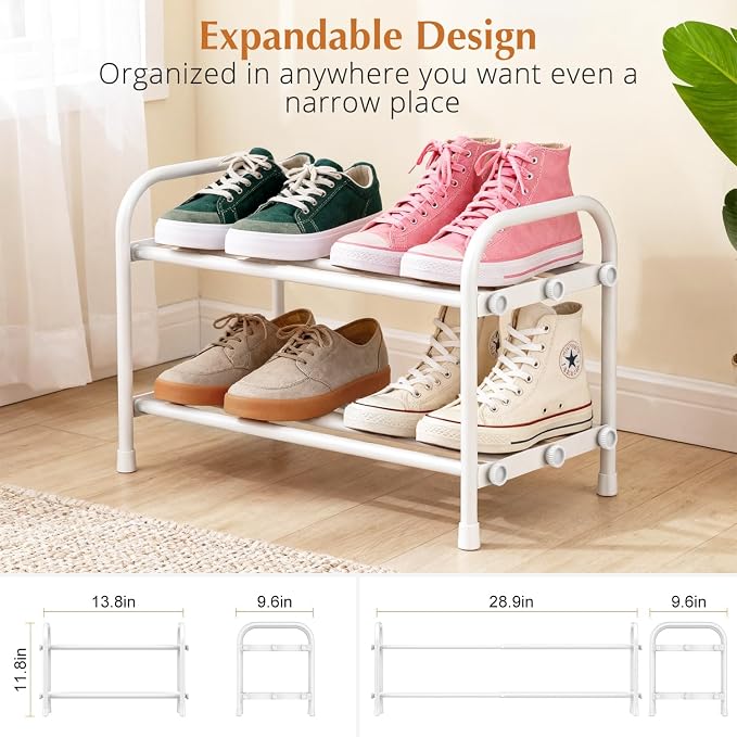 INSMART 2-Tier Expandable Shoe Rack:Stackable and Adjustable Shoes Organizer Storage Shelf, Sturdy and Durable Metal Structure Free Standing Shoe Rack for Closet Entryway Doorway, White - Image 3
