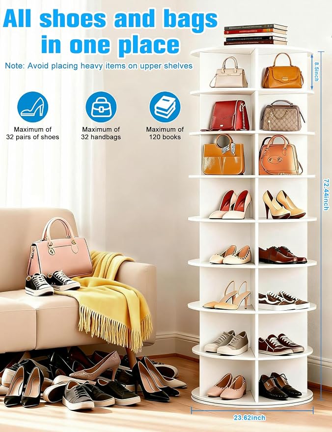 8 Tier Rotating Shoe Rack Tower, Spinning Shoe Organizer Rotating Shelf, Space-Saving 360° Revolving Shoe Rack Storage Round Carousel for Entryway, Closet & Bedroom (Shoe Rack 01) - Image 2
