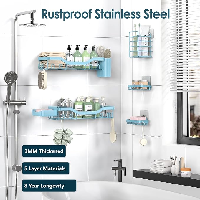NESOMI Shower Caddy Adhesive Shower Organizer 7-Pack, Rustproof Stainless Steel Bathroom Shelves, Large Capacity No-Drill Rack Storage Accessories with Soap Dish Toothbrush Holder Hooks - Image 5