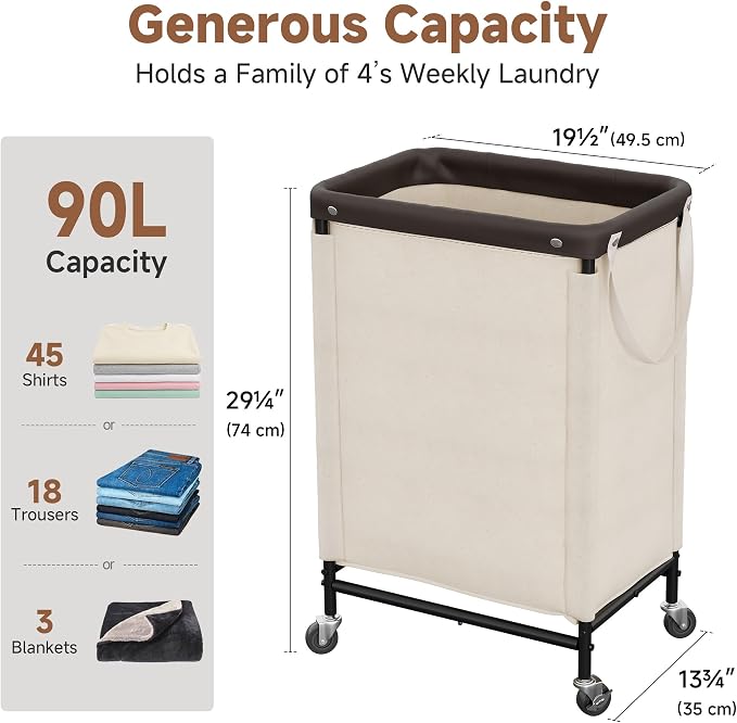 StorageWorks Laundry Hamper, 90L Rolling Laundry Sorter Cart with Removable and Washable Liner Bag, Clothes Hamper with Wheels and Handle for Laundry Room and Bedroom, Beige - Image 2